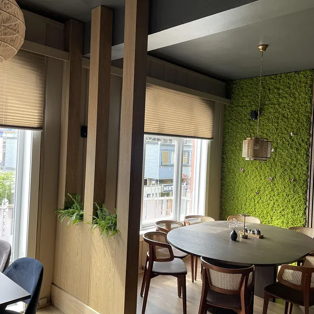 Nærbilde av spiseplass med rundt bord, grønne vegger og store vinduer.