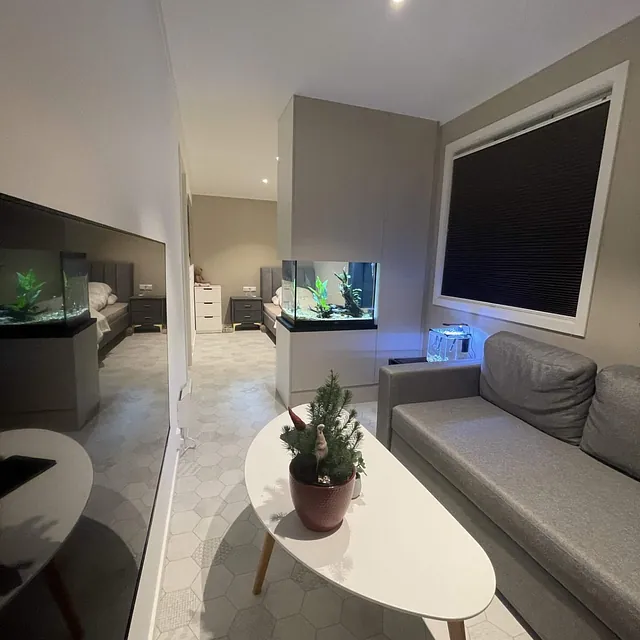 Lys stue med grå sofa, hvitt bord og akvarium som skiller rommene.