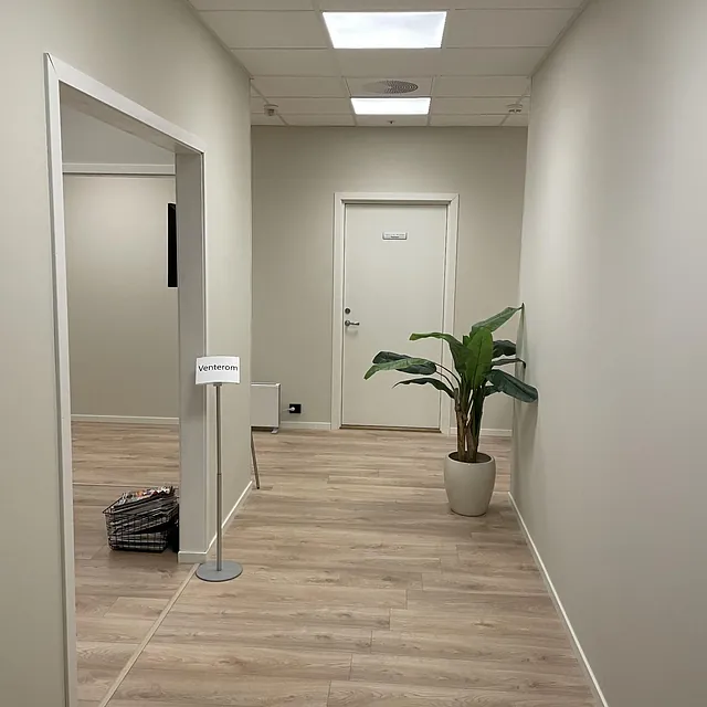 Lys gang med tregulv, hvite vegger og en grønn plante i potte.